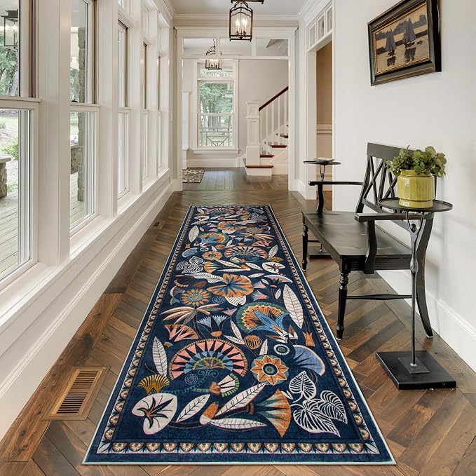 Zealude Egypt Floral Kitchen Runner Rugs Non Skid Washable,2x8 Boho Vintage Hallway Bathroom Runner Rug Non Slip,Soft Long Carpet for Laundry Room Entryway Bedroom (Dark Blue,2 x 8)