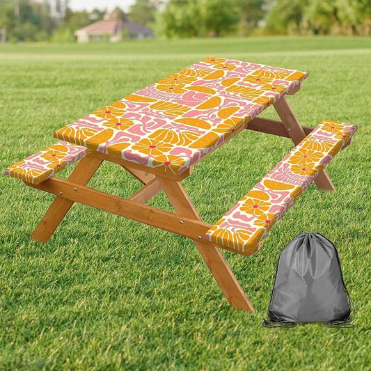 Picnic Table Covers with Bench Covers Boho Patchwork Orange Pink Flower Pattern Camping Tablecloth Fitted Picnic Table Cover with Elastic Windproof Waterproof, Camping Accessories Outdoor, 96In 3PCS