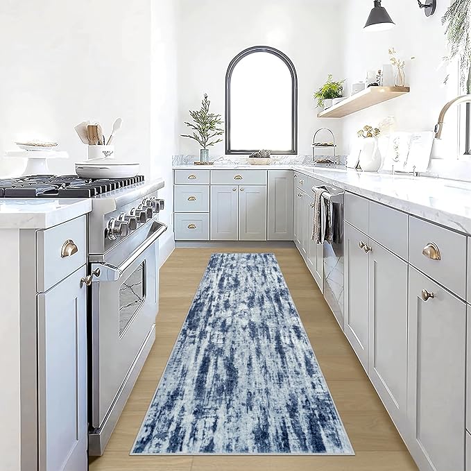 2'6''x8' Runner Rugs Washable Rug: Modern Abstract Hallway Blue Grey Carpet | Non-slip TPE backing makes this washable soft low-pile rug safe & durable, Pet-friendly decor for dining room,nursery,office