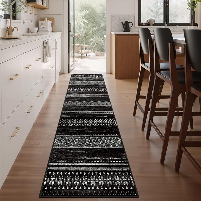 2x8 Washable Area Rugs for Living Room Boho Runner Rug Black/White | Vacuum Friendly, Machine Washable, Non-Slip Rug, Stain Resistant, Moroccan Geometric, Low Pile Carpet, Hallway Kitchen