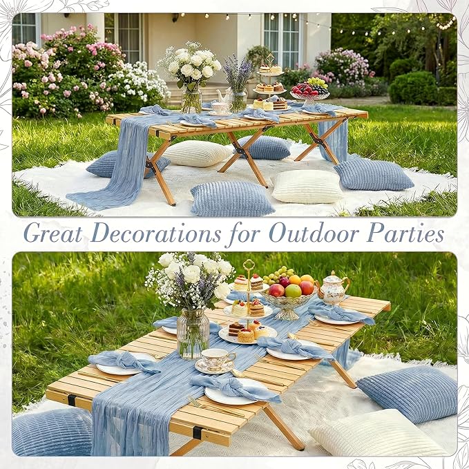 91 x 71 Extra Large Outdoor Boho White Picnic Blanket with Blue Table Runner, 6 Napkins and 6 Throw Pillow Covers Table Decor for Beach Picnic Camp Wedding Party Birthday Baby Shower