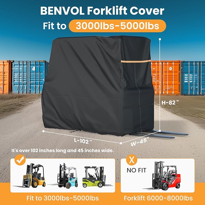 BENVOL Forklift Cover, Fit 3000-5000lbs, Waterproof, Dustproof, UV-Proof, 420DSilver-Coated Waterproof Oxford Cloth, All-Season Protection Forklift Cab Cover, (102 "*45" *82 "Inches)