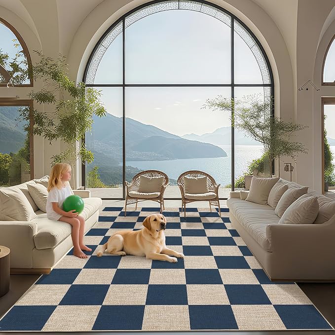 GarveeHome 9x12 Checkered Easy Jute Rugs for Bedroom Machine Washable Large Rugs Non-Slip Backing Modern Neutral Stain Resistance Carpets for Farmhouse Patio Dining Room Backyard Navy Blue