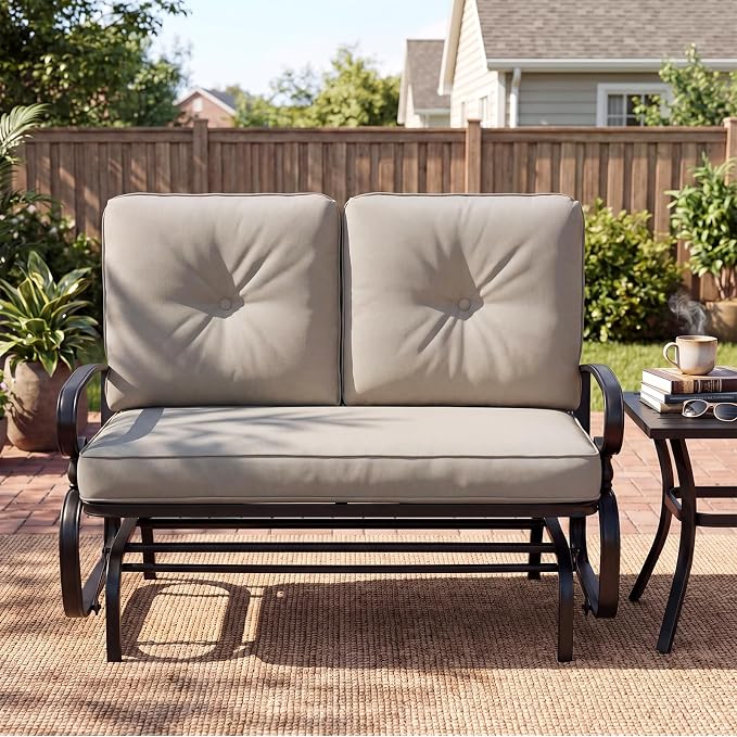Giantex Outdoor Glider Bench, Patio Loveseat with Cushions, 440 Lbs Capacity, 2-Person Outdoor Rocking Chair, Porch Glider Swing for Garden, Backyard, Poolside, Patio Seating Rocker (Beige)