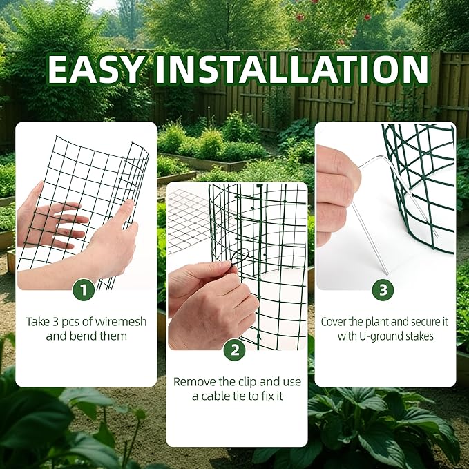 4 Sets of DIY Metal Plant Protectors from Deer, Garden Fencing Animal Barrier Size 11.8 * 12.9 inches, Mesh Plant Cage Chicken Wire Cloche for Plants with Stakes and Nylon Cables