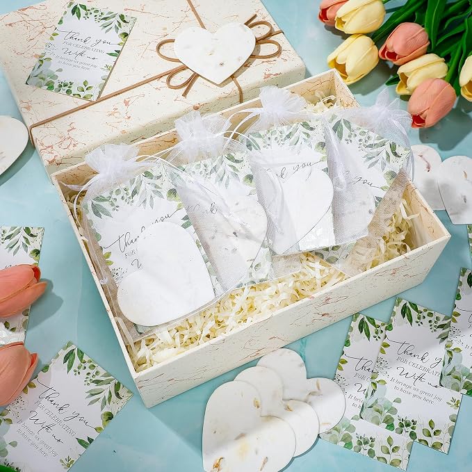 Dunzoom 50 Sets Wedding Gifts for Guests Heart Shaped Seed Paper Handmade Flower Petals Tags Plantable Wildflower Seed Paper Recycled Thank You Cards and Organza Bags for Bridal Shower Party Favors