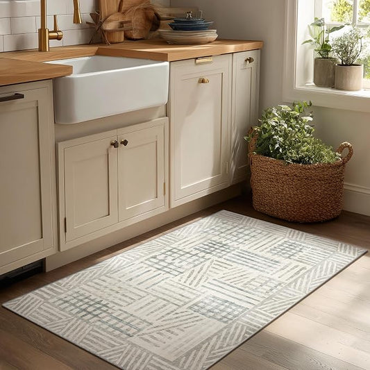 Non-Slip Washable Entry Rug 2x3 Abstract Geometric Textured Brushstroke - Neutral Gray & Light Blue Modern Minimalist Hallway Runner Rug, Decorative Carpet for Living Room Bedroom Home Decor
