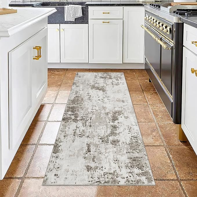 ROYHOME Modern Abstract 2x7 Runner Rug Washable Non Slip, Taupe/Beige | Stain Resistant Rug for Hallway Kitchen Bedroom Non Shedding Low Pile Indoor Floor Cover