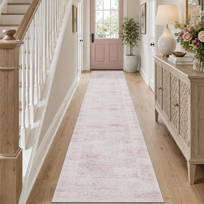 Latte&Fog Hallway Runner Rug 2x10 Non Slip Washable Pink Rugs for Kitchen | Low Pile Soft Cute Throw Rug Doormat for Entrance Bathroom Laundry Bedside Bedroom Nursery Playroom Hallyway Dorm Office