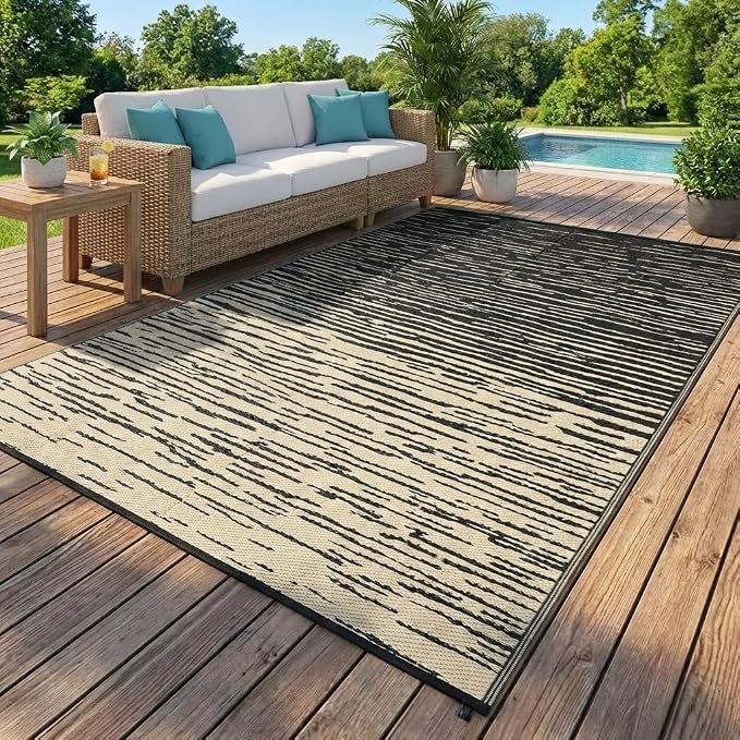 Garvee Patio Rugs Outdoor Waterproof 8x10 Modern Outdoor Camping Rug, Neutral Striped Plastic Straw Rugs, Reversible UV Resistant Outside Carpet for Picnic Backyard Deck Camper Balcony, Black Coffee