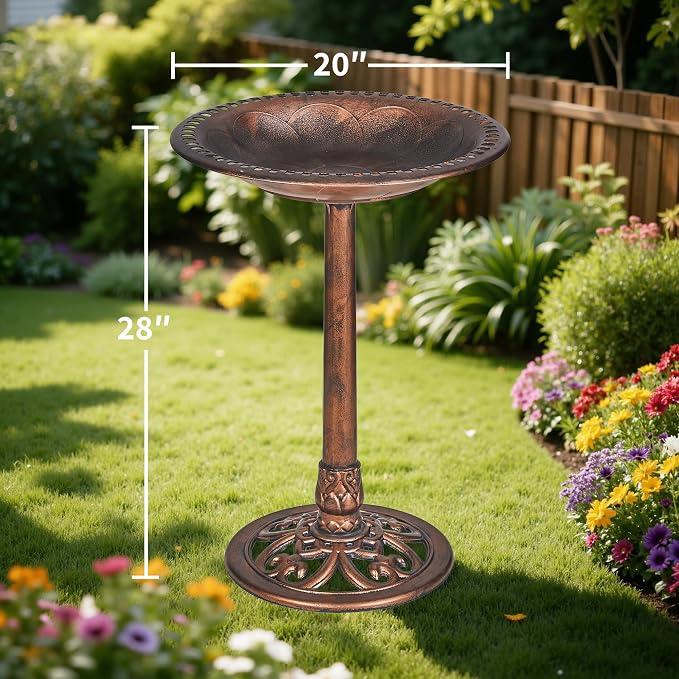 VECELO 28" Pedestal Outdoor Bird Bath for Outside, Vintage Bronze Polyresin Lightweight Antique, Yard/Garden Decoration, Bronze