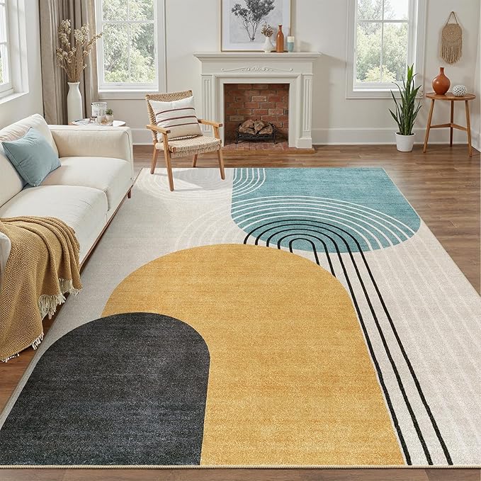 DCX Abstract Washable 9x12 Rug, Non Slip Low Pile Rug, Blue & Yellow | Rugs for living room, bedroom, dining room, office, soft, mid century modern rug, sain resistant indoor carpet, home decor