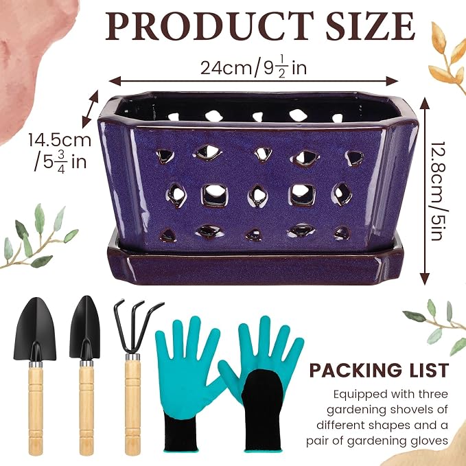 Teenyyou 1 Set Orchid Pot with Holes 9.5 Inch Ceramic Orchid Pot with Saucers for Repotting Amaryllis Flower Planter Include Gardening Shovel Set and Gloves for Home Decor (Purple)