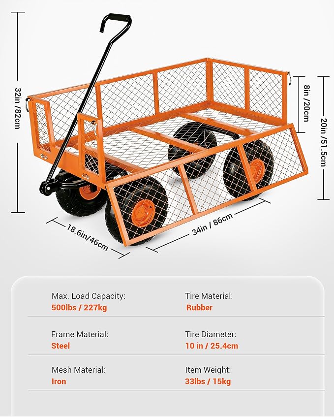 GarveeLife Heavy Duty Steel Garden Cart 500 LBS Capacity 3 in 1 Pullable Garden Wagon with 10 in Wheels for Gardening Soil, Tools, and Plant Transport