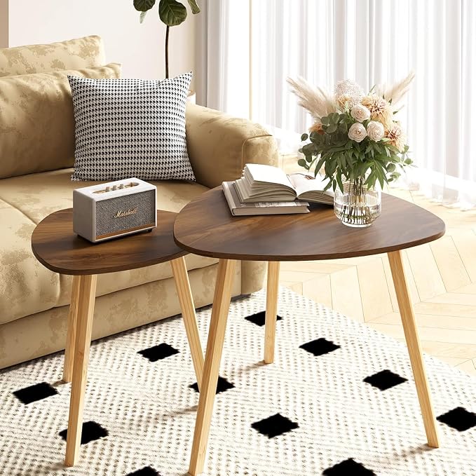 BAMEOS Bamboo Nesting Triangle End Table,Set of 2 Side Table Modern Minimalist Coffee Table for Living Room (Walunt)