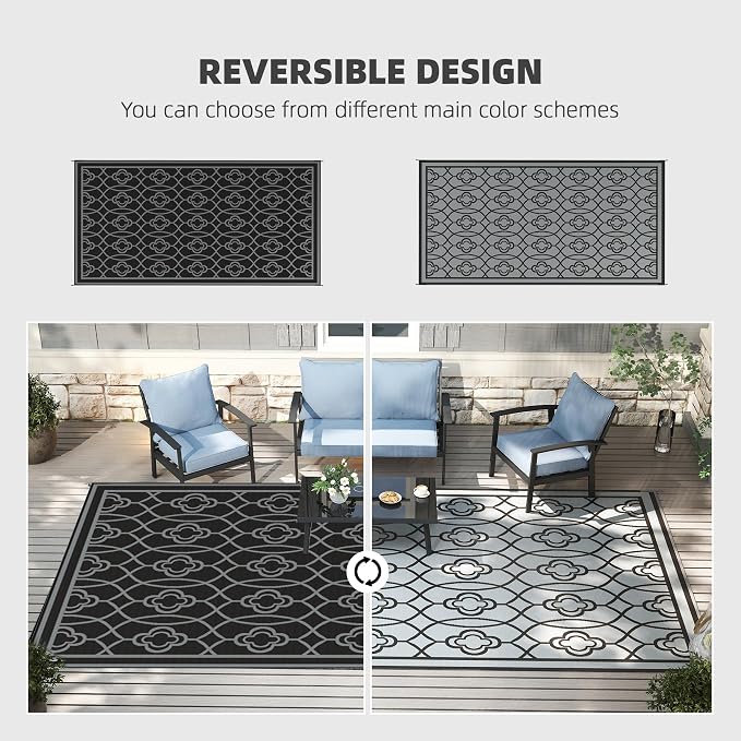 Outsunny Outdoor Rug for Patio, 9' x 18' Waterproof Large Mat, Reversible Plastic Straw Rug for Decor, Portable Outside RV Camping Area Carpet Mat for Backyard Porch Deck Picnic, Black & Gray Lantern