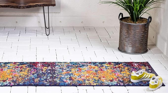 Unique Loom Estrella Collection Dark Colors, Modern, Abstract, Distressed Area Rug (2' 7 x 10' 0 Runner, Multi/Navy Blue)