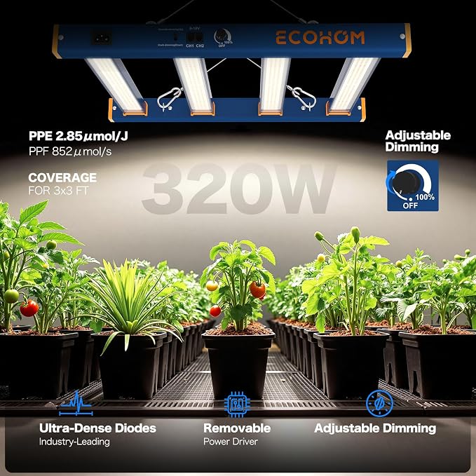 ECOHOM 320W LED Grow Light, Full Spectrum Dimmable Daisy Chain, Pro Bar Style for 3x3ft Grow Tent, Foldable & Hanging Growing Lamp for Indoor Plants Seedlings, Veg and Bloom