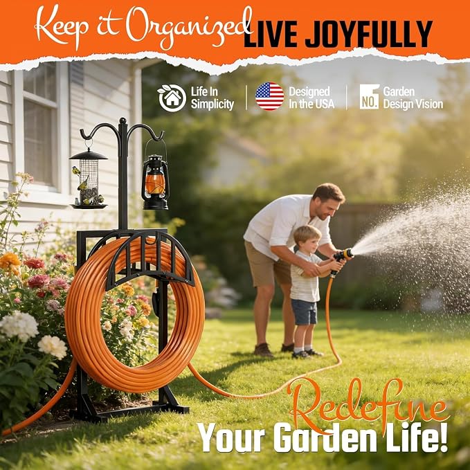 2 Pack Garden Hose Holder, Water Hose Stand for Outside with 4 Stake and 2 Shepherds Hooks, Freestanding Hose Storage Holds 150Ft, Heavy-Duty Metal Hose Hanger Rack for Yard, Lawn, Farm