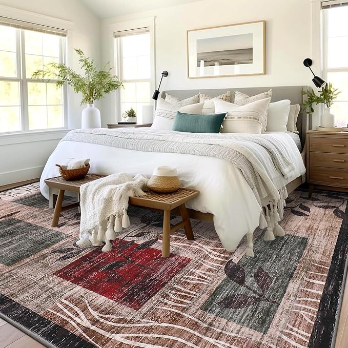 GarveeHome Washable 5x7 Rug Modern Geometric Floral Rug Machine Washable Non-Slip Carpets for Living Room Bedroom Kitchen Dining Room, Low-Pile Non-Shedding Floor Carpet Brown Red 5x7