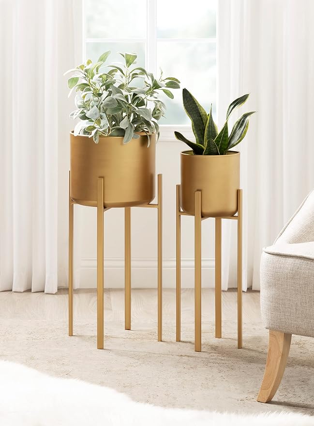 Kate and Laurel Gabi Decorative Glam Metal Planters; Set of 2; Satin Gold; Modern Metallic Indoor Planter Set for Display and Decoration for Use as Living Room Planters or Porch Plant Stands