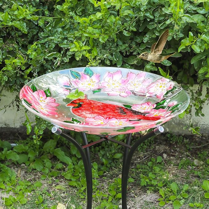 MUMTOP Outdoor Glass Birdbath with Metal Stand for Outside Lawn Yard Garden Cardinal Decor,18” Dia/21.65 Height