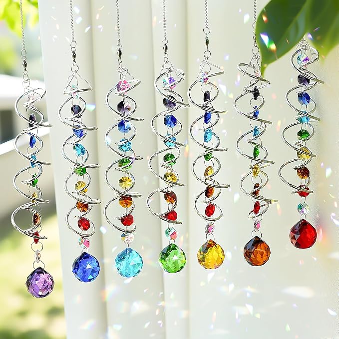 7 Pcs Crystal Gazing Ball Spiral Wind Spinner Suncatcher Garden Decor | Crystal Suncatcher Wind Spinner with Spiral Tail Gazing Ball Swivel Hook Hanging for Indoor Outdoor Yard Garden Home Decor