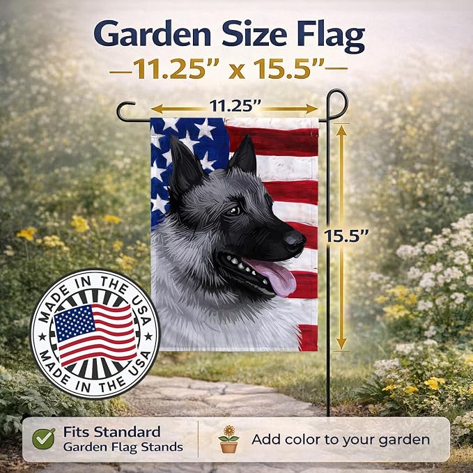Caroline's Treasures CK6631GF Norwegian Elkhound Dog American Flag Garden Flag Mailbox Flag Decorative Yard Flag Banner Outside Patio Artwork Yard Flower Beds, Garden Size, Multicolor