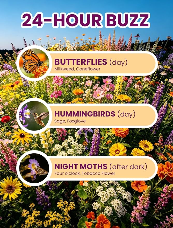 Wildflower Seeds Mix Hummingbird & Butterfly Cafe, 20 Heirloom Varieties, Specially Formulated to Attract Pollinators – High Germination for Outdoor Garden (4oz)