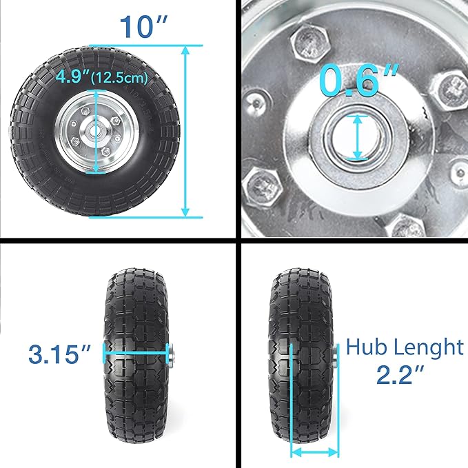 AR-PRO (4-Pack) 10-Inch Solid Rubber Tire Wheels - Replacement 4.10/3.50-4" Flat Free Tire with 5/8" Bearings, 2.2" Offset Hub - Perfect for Lawn Garden Cart, Hand Truck, Wheelbarrow, Utility Cart