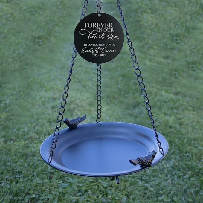 Personalized Memorial Bird Bath, Forever in Our Hearts Outdoor Home and Garden Decor, Custom Memorial Gifts, Hanging Sympathy Birdbath, in Memory of Bereavement Bird Bath Gift