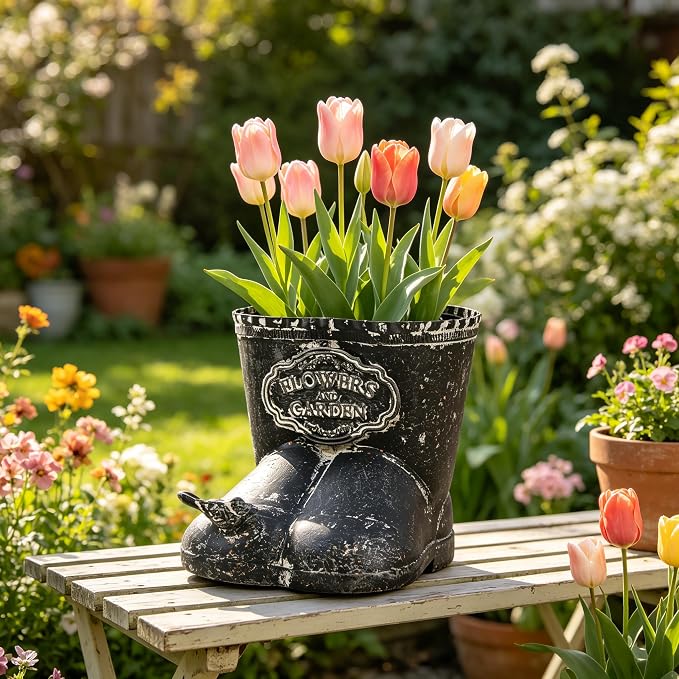 Vintage Distressed Boot Planter, Rustic Flowers & Garden Metal Rain Boot Plant Pot, Farmhouse Succulent Herb Planter for Indoor Outdoor Home Garden Patio Decor (Black - Small)