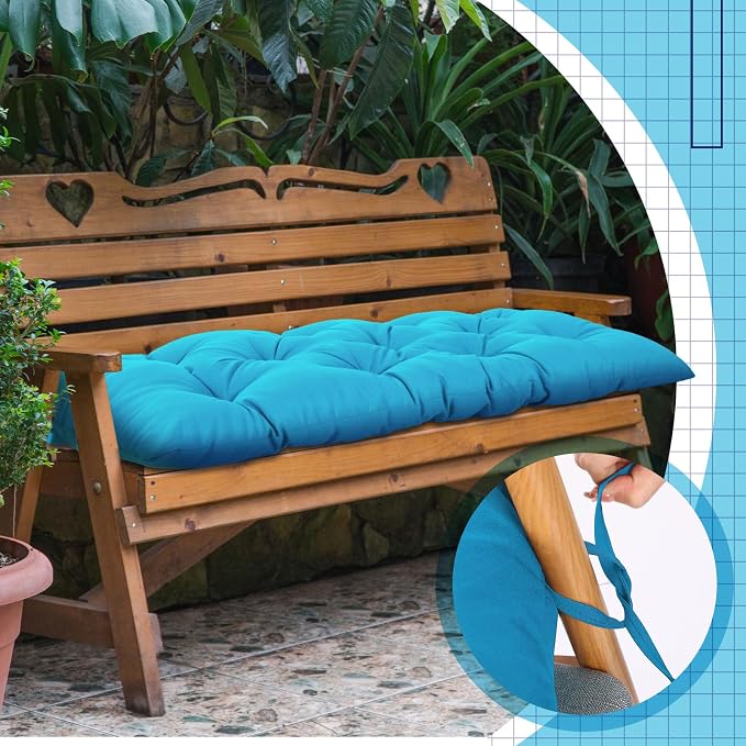 Wenqik Outdoor Bench Cushion 59 x 20 x 4 Inch Waterproof Patio Swing Cushion with Removable Zippered Cover Adjustable Ties Seat Pad for Porch Bench Garden Loveseat (Lake Blue, Classic)
