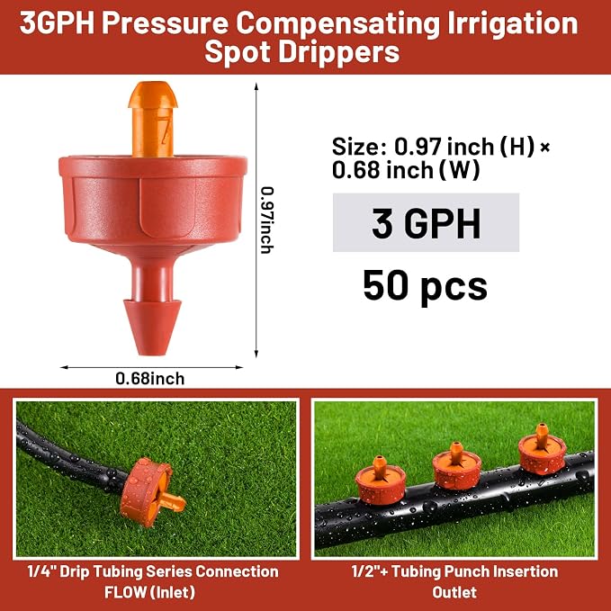 50 PCS 3 GPH Pressure Compensating Drip Irrigation Spot Dripper, High Flow Drip Irrigation Emitters Heads for Large Trees Bushes, Irrigation Drippers Parts for Orchard Large-Scale Outdoor Irrigation