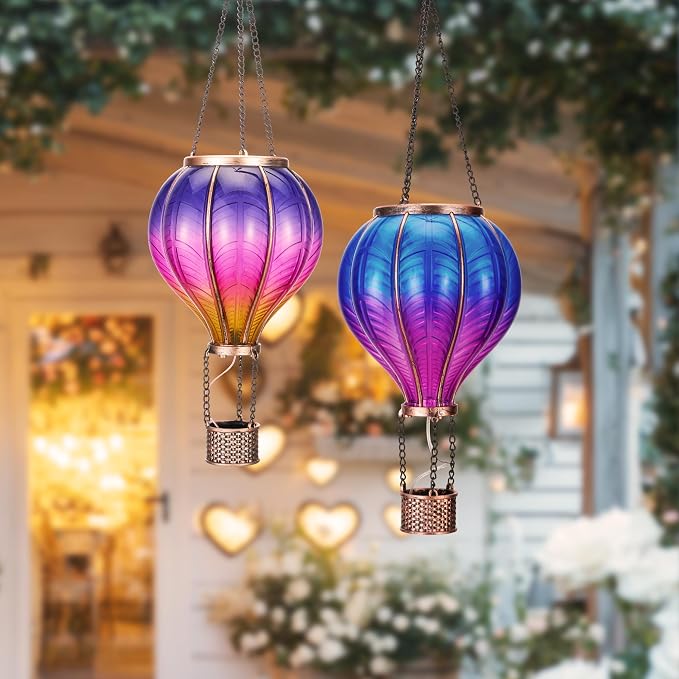 TERESA'S COLLECTIONS 2 Pack Hanging Solar Lantern Outdoor Garden Decor for Valentine,Waterproof Plastic Hot Air Balloon Purple Flickering Flame Effect Lantern for Yard Tree Gift for Mom,18"