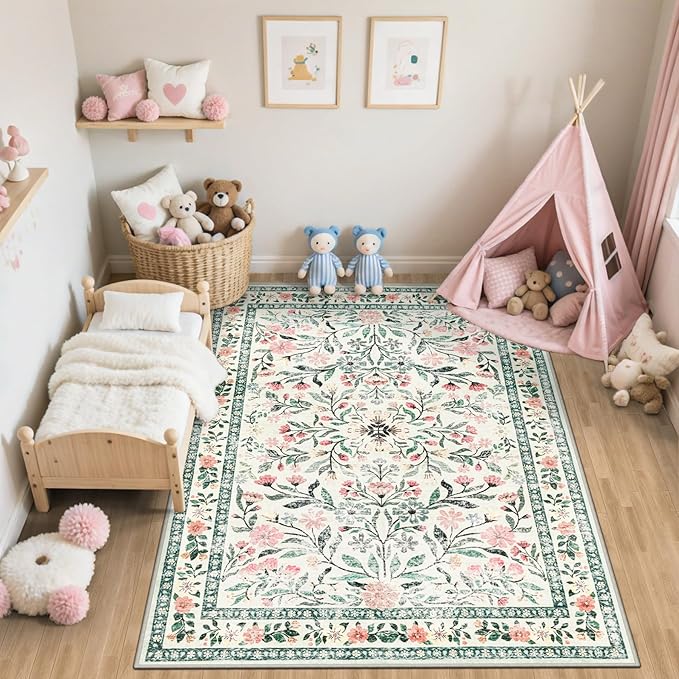 PLHXFR 6x9 Area Rug Living Room: Floral Washable Boho Carpet Green Beige | For Bedroom Dining Room Farmhouse Nursery Hallway,Vintage Floral,Machine washable,Non Slip,Stain Resistant,Large Indoor