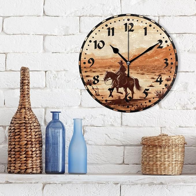 Vintage Western Cowboy Wall Clock, Silent Non Ticking 10 Inch Battery Operated Wall Clocks, Easy to Read Clock for Home Kitchen Living Room Bathroom Office Decor