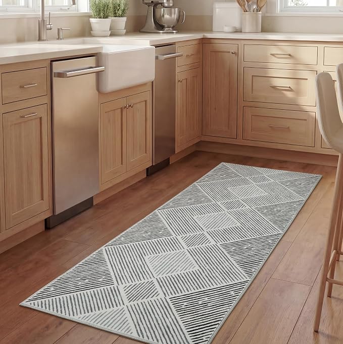 2‘x6' Washable Black and White Geometric Runner Rug for Kitchen | Non-Slip, Low Pile, Stain Resistant, Modern Stripe Long Runner Rug for Hallway Entryway Bedroom