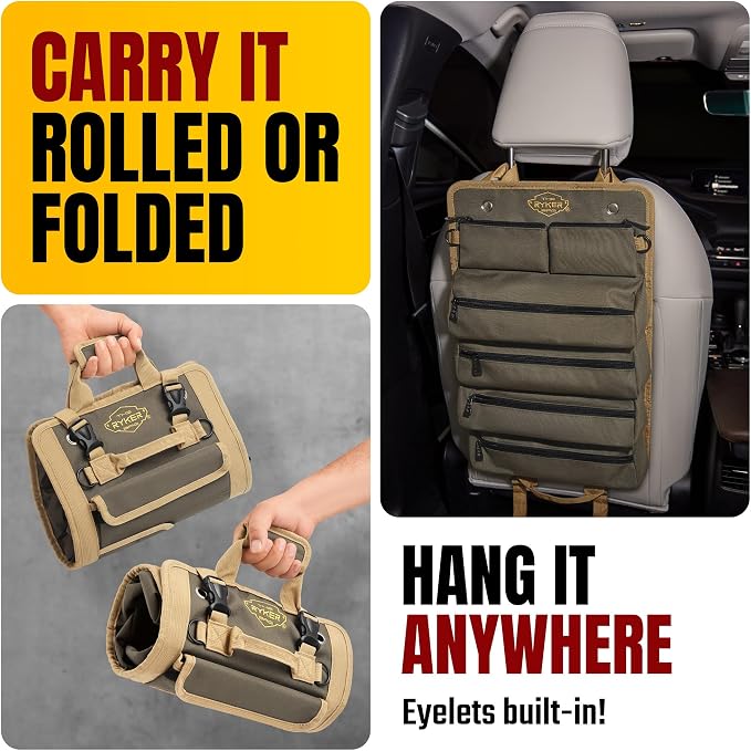 The Ryker Bag Tool Roll Organizer with Detachable Pockets – Heavy Duty Roll-Up ToolBag for Mechanics, Electricians, Plumbers, Contractors, Garage & Job Site Use Gift for Dads (AP-TR)