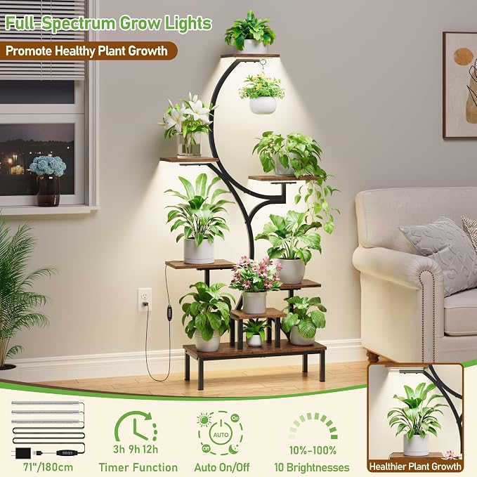 Plant Stand Indoor with Grow Lights - 7-Tier Indoor Plant Shelf with Elevated Base & Hanging Hook, 63" Corner Plants Stands for Multiple Plant Sizes, Multi-Tiered Lighted Rack for Living Room, Black