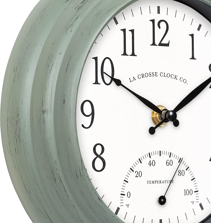 La Crosse Clock 433-3020 8-inch Indoor/Outdoor Sage Green Quartz Wall Clock with Temperature