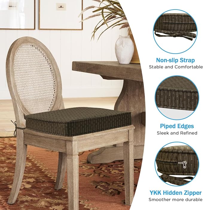 17 x 16 Inch Sunbrella Outdoor Chair Cushions with Tie Straps, Set of 4 Thick Water Repellent Round Patio Chair Pads for Garden Lawn Patio Furniture, Dash Walnut