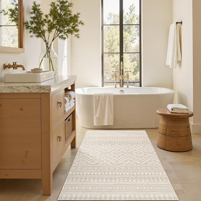 Miukiki 3x5 Washable Area Rug Moroccan Soft Non Slip Entryway Rug Brown | Machine Washable 3x5 Rug for Bedroom Kitchen Living Room, Low Pile Indoor Floor Carpet with Vintage Pattern