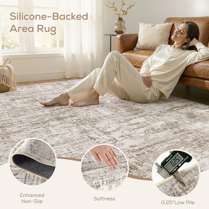 Nakagishi 9X12 Abstract Washable Area Rugs for Living Room-Brown-02 | Modern Non-Slip Silicone Backing Low Pile Soft Carpet for Bedroom Dining Decor Ideal for Families with Kids and Pets