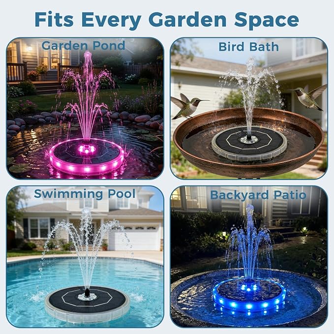 Solar Fountain for Bird Bath with Colorful LED Lights, Floating Solar Fountain Fixed Rods, 3W Solar Powered Water Fountain Pump with Strong Spray & 5 Nozzles for Pond, Pool, 23 LED Lights