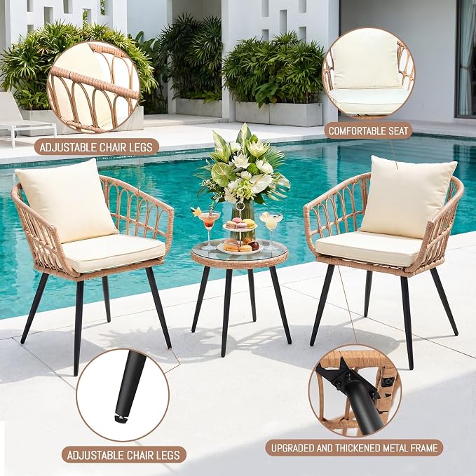 Upgraded 3 Piece Patio Bistro Set for Balcony, Backyard, Porch, Beige | All-Weather Rattan Patio Conversation Set, New Thickened and Reinforced Metal Frame, Tempered Glass Side Table, Easy-Clean