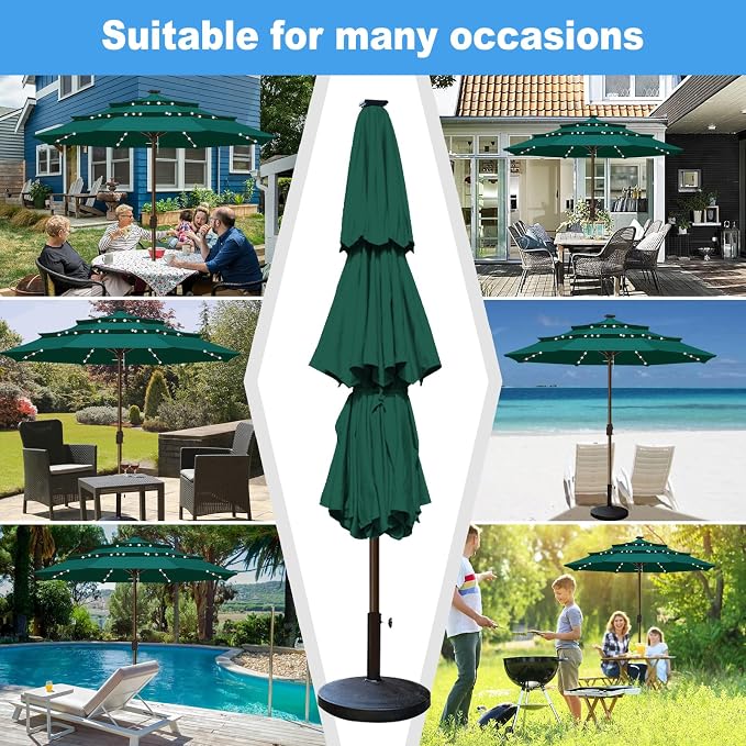 Eurmax USA 10-Year-Non-Fading 10FT 3-Tier Outdoor Patio Market Umbrella with LED Lights,UPF50+ UV Resistant,Commercial Grade,Crank Lift Design,Windproof Vented Top for Garden,Pool,Deck,Forest Green