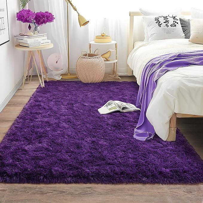 Soft Purple Rugs for Bedroom, Shag Fluffy Washable 4x6 | Upgrade Non-slip, 4 x 6 Shaggy Rugs for Living Room, High Pile Fuzzy Plush Carpet Kids Room Dorm, Flame Resistant
