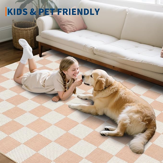 GarveeHome Checkered Blush Beige 8x10 Washable Rug Low-Pile Bedroom Nursery | Non-Slip Blush Beige Soft Stain Resistant Rug for Bedroom Bathroom Living Room Geometric Modern Rug TPE Backing