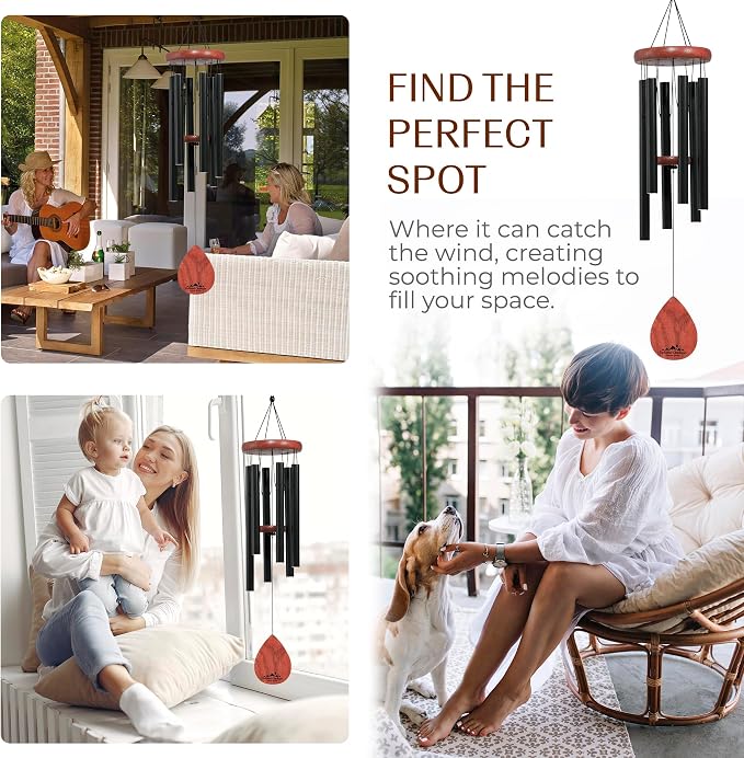 Black Wind Chimes for Outside Clear Tone, 28 Inch Havasu Hand Tuned E Major Wind Chime, Adjustable Clapper, Aluminum Tubes and Ash Wood, Patio Balcony Garden Decor, Memorial Sympathy Gift
